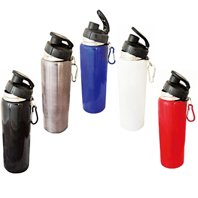 A drink bottle featured in black, silver, blue, white, and red, each with a black lid and a carabiner attachment.