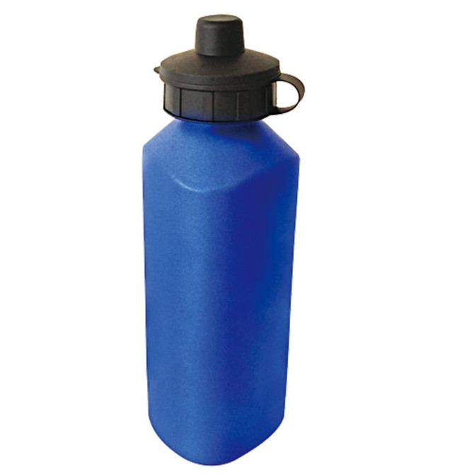 A drink bottle in vibrant blue with a black cap and loop handle, featuring a simple, sleek design.