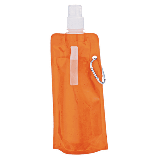A drink bottle in bright orange, featuring a spray nozzle and a metal carabiner attachment.