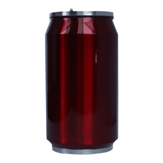 A drink bottle designed to resemble a red soda can, featuring a metallic silver top and a shiny surface.