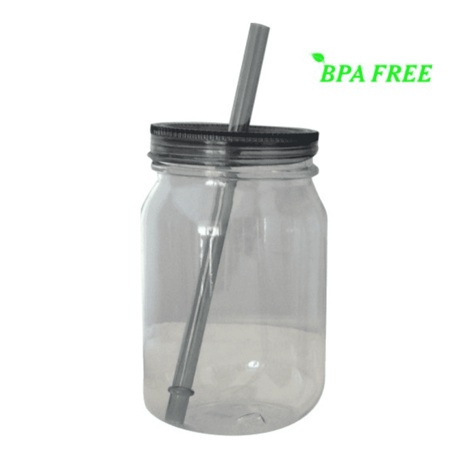 A drink bottle with a clear body and a silver lid, featuring a straw and a BPA-free label.