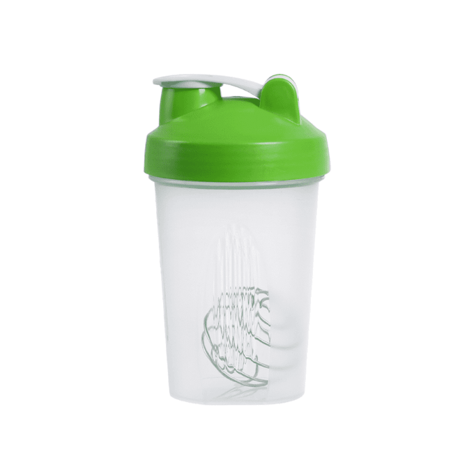 A drink bottle in clear plastic with a green lid and a wire whisk ball inside. It features a logo on the side.