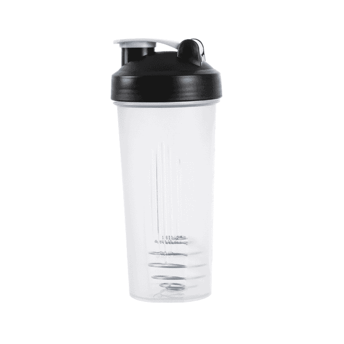 A drink bottle with a transparent body and a black lid, featuring a built-in shaker and measurement markings.