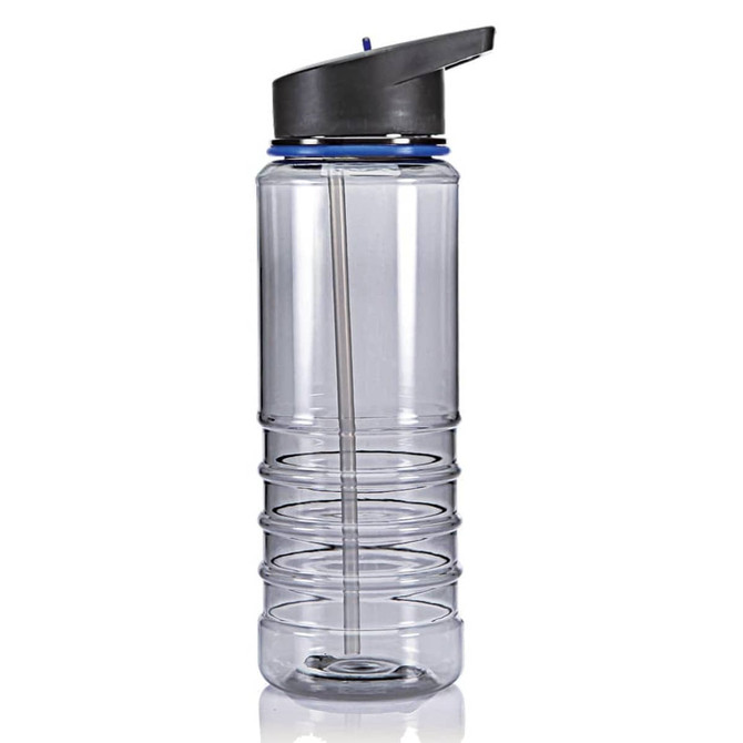 A drink bottle with a clear body, black lid, and blue accent, featuring a built-in straw and a logo.