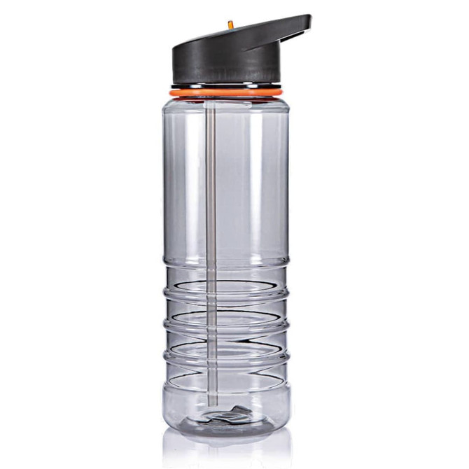 A drink bottle in clear plastic with a black lid and orange accent, featuring a built-in straw and ribbed design.