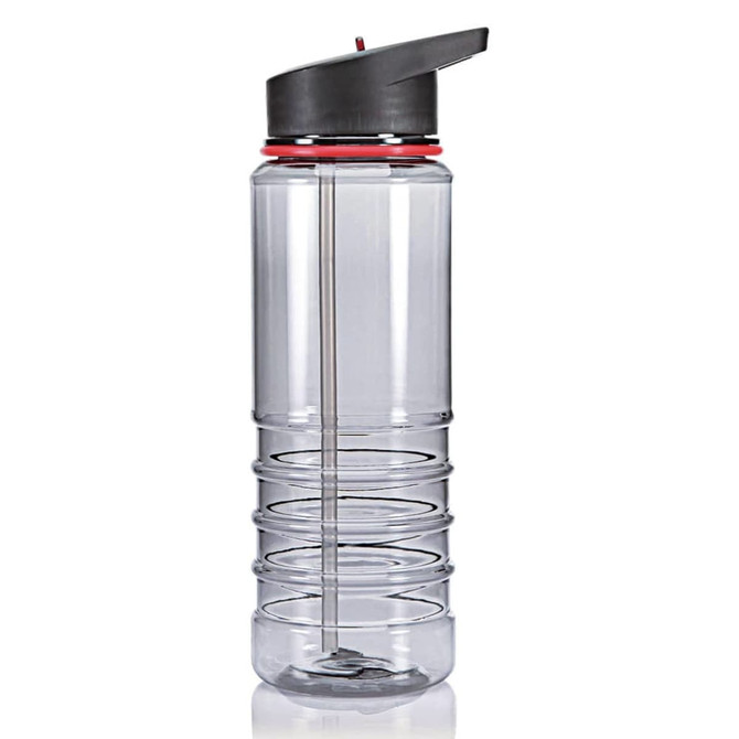 A drink bottle in clear plastic with black and red accents, featuring a removable straw and a secure lid.