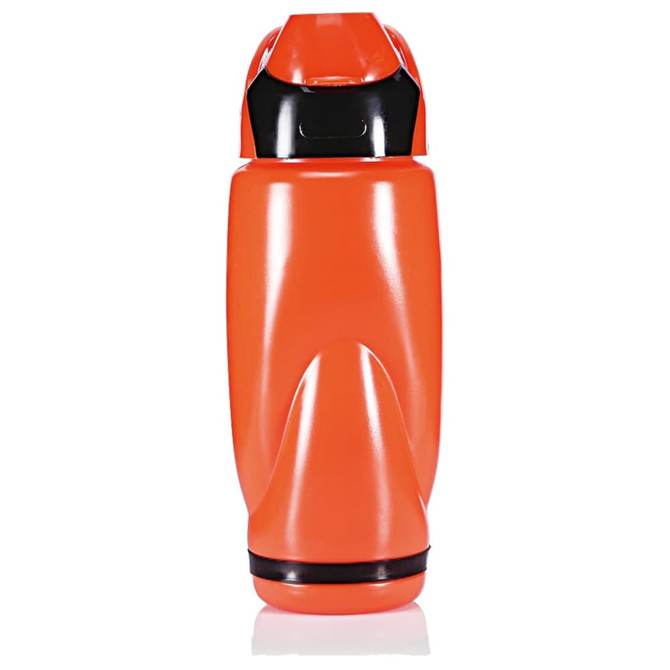 An orange coffee mug with a black lid, featuring a sleek design and a logo.