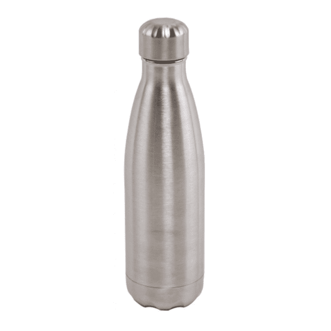 A drink bottle made of stainless steel in a sleek, silver finish, featuring a rounded cap and a smooth design.