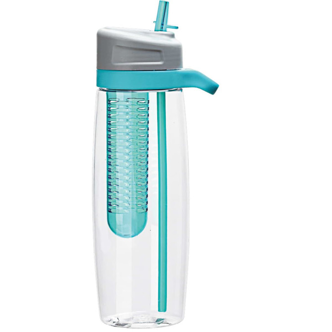 A drink bottle in clear plastic with a grey lid and turquoise accents, featuring a built-in infuser.