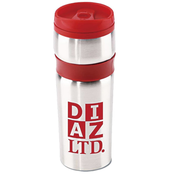 A stainless steel coffee mug with a red lid and base, featuring a logo on the body.