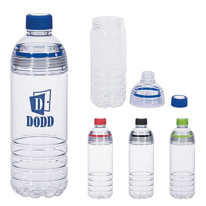A drink bottle in clear plastic with various coloured caps and an associated logo on one bottle.