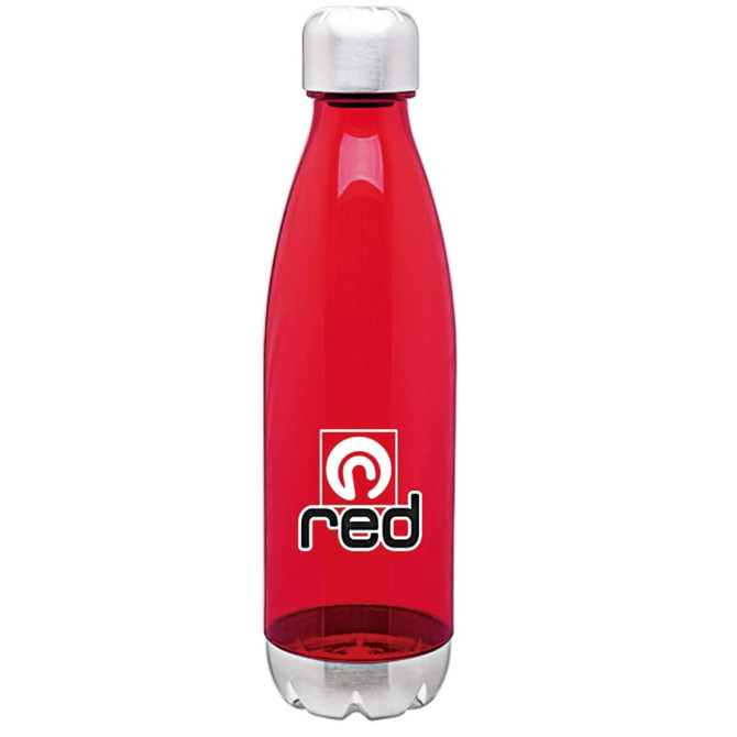 A drink bottle in vibrant red with a silver cap and a logo on the front.