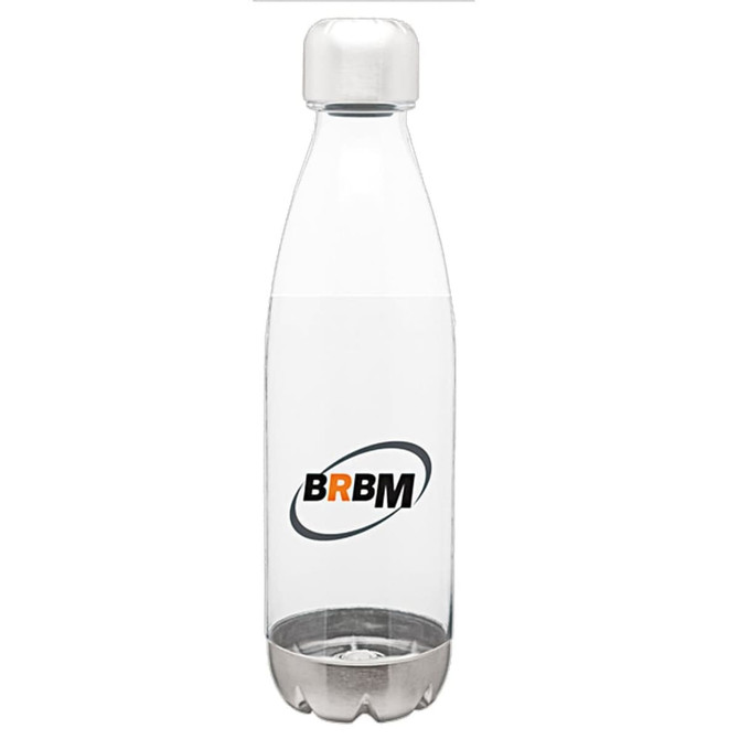 A drink bottle in a clear design with a silver cap and a logo on the front.