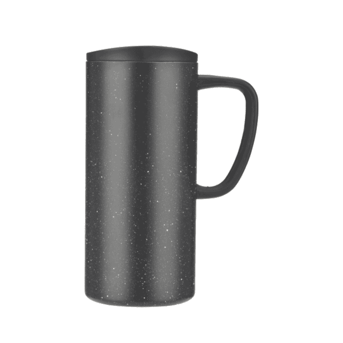 A drink bottle in black with a speckled design and a handle, featuring a lid and a logo.