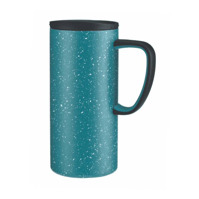 A teal travel mug with a speckled finish and a black handle and lid. It features a logo on its surface.