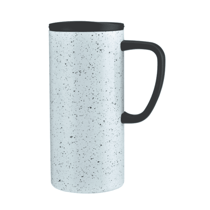 A travel mug in a speckled light blue finish with a black handle and lid, featuring a logo.