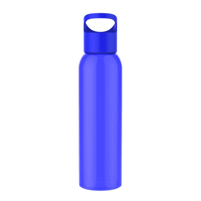 A drink bottle in a vibrant blue colour with a cap and handle, featuring a branding logo.