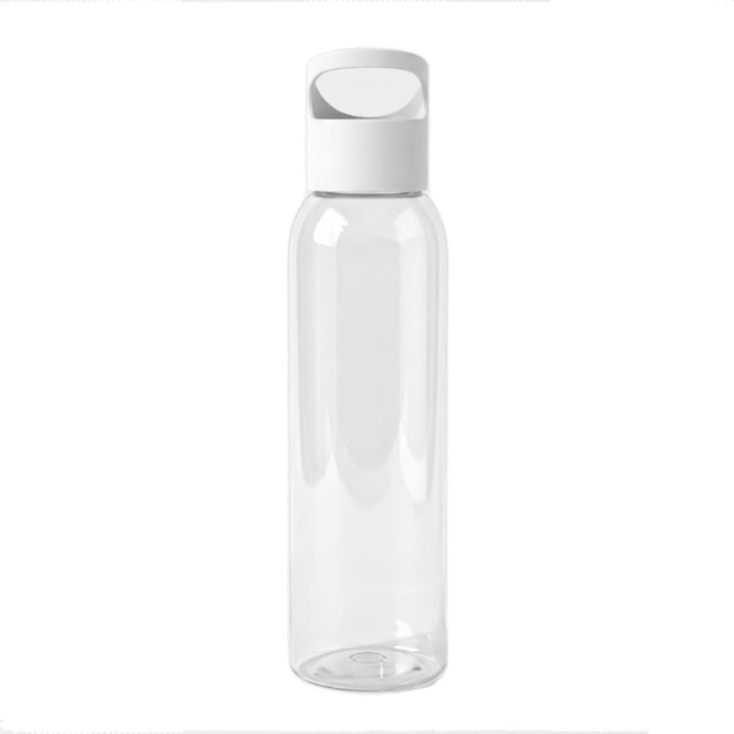 A drink bottle made of clear tritan plastic with a white cap and handle. It features a simple design and includes a logo.