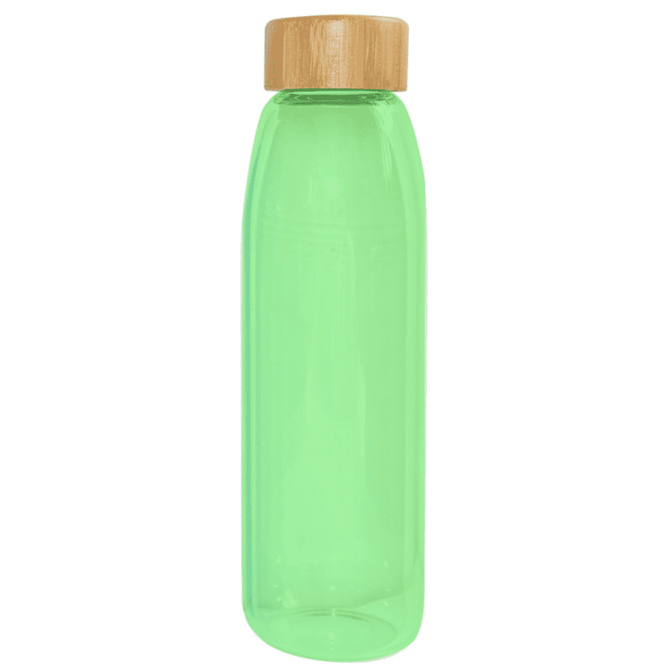 A drink bottle in a translucent green hue with a light wooden cap and a simple design.