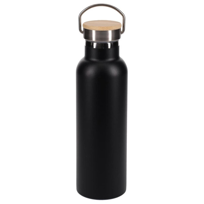 A drink bottle in matte black with a stainless steel lid and wooden accent. Features a handle for easy carrying.