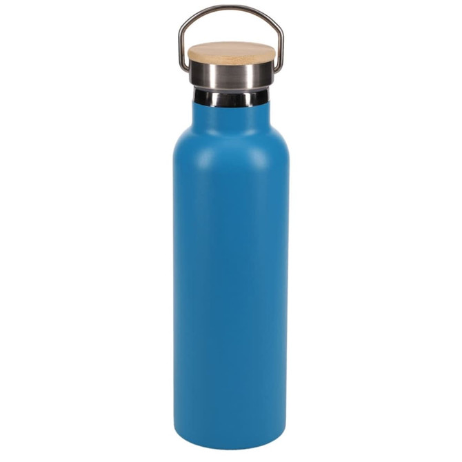 A drink bottle in bright blue with a stainless steel neck and wooden lid, featuring a logo.