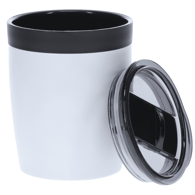 A white coffee mug with a black lid. The mug has a sleek design and includes a logo on the side.
