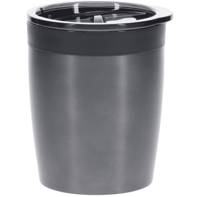 A coffee mug in matte black, featuring a lid and a sleek design, with a logo on the side.