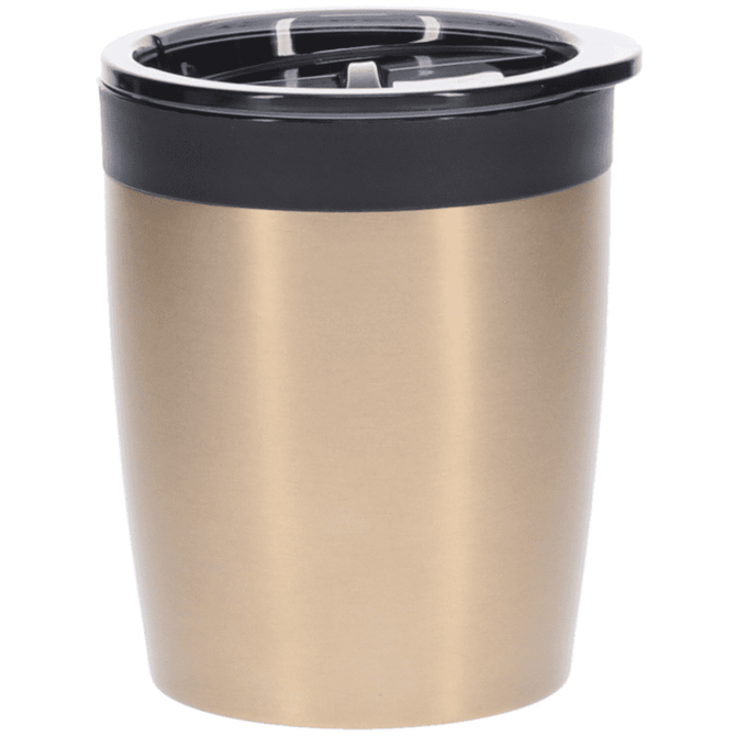 A coffee mug in a gold metallic finish with a black lid and a built-in straw. It features a logo on the side.