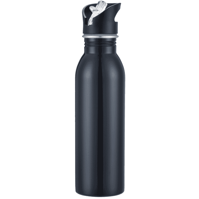 A drink bottle in a sleek black colour with a twist cap and a loop for carrying. It features a logo.