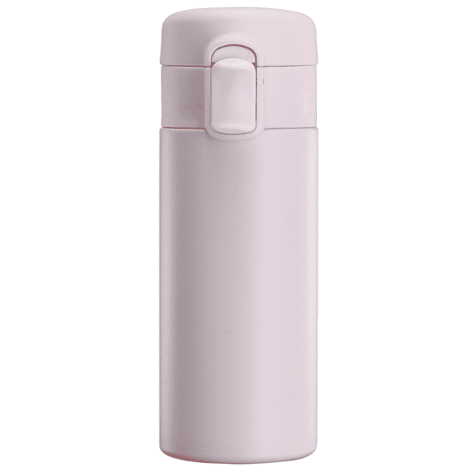 A drink bottle in soft pink with a secure lid and a logo on the side.