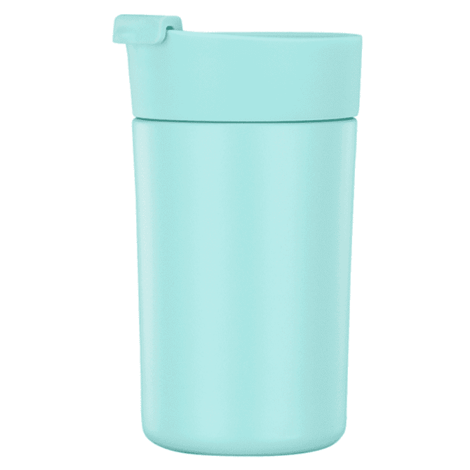A drink bottle in a soft mint colour with a secure lid and a simple, sleek design. Features a logo.