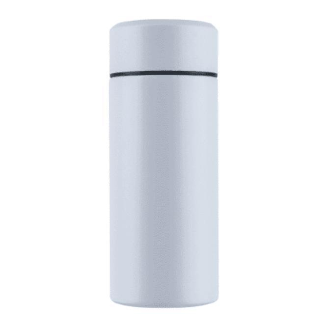A drink bottle in pale blue with a sleek, cylindrical design and a black accent near the top.