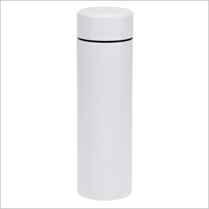 A white thermo drink bottle with a smooth finish and a black accent band near the top, featuring a logo.