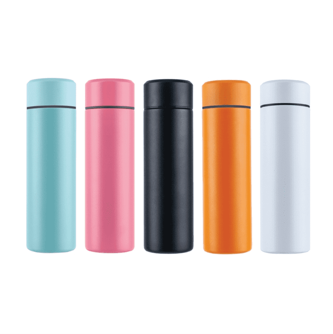 A drink bottle collection featuring light blue, pink, black, orange, and white colours, each with a sleek design and lid.