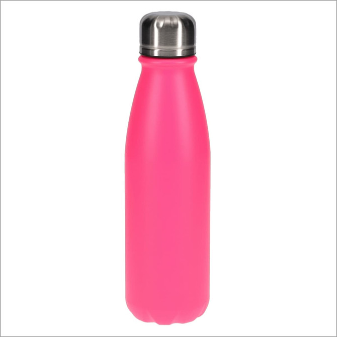 A drink bottle in bright pink with a stainless steel cap and a smooth, matte finish.