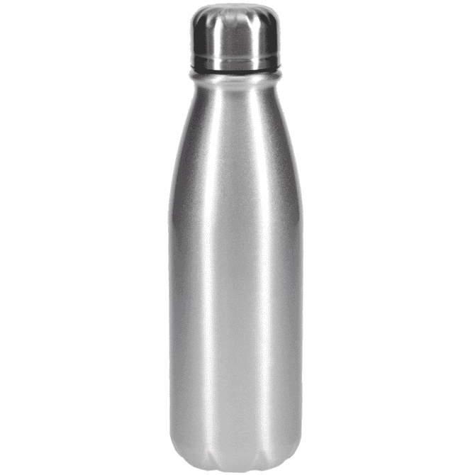 A drink bottle in silver stainless steel with a tapered design and a screw-top lid. It features a logo.