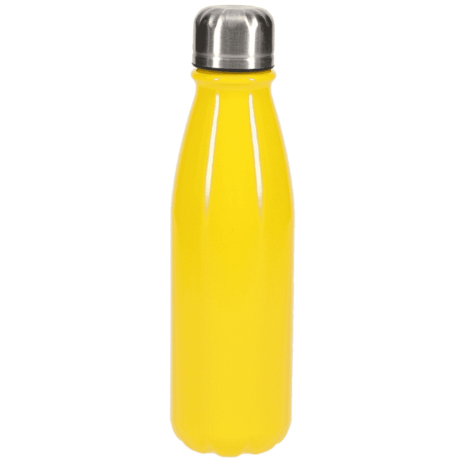 A drink bottle in vibrant yellow with a stainless steel cap. The bottle has a sleek, modern design and a glossy finish.