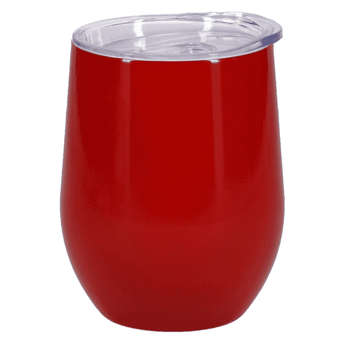 A drink bottle with a sleek, rounded design in bright red, featuring a clear plastic lid.