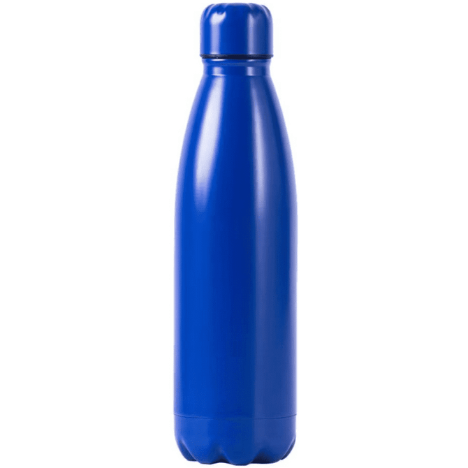 A drink bottle in a vibrant blue colour with a sleek, modern design and a rounded base.