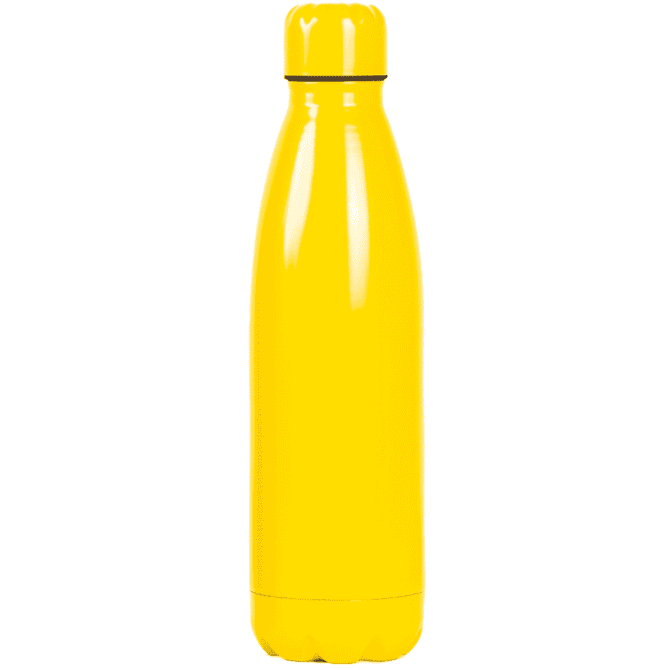 A drink bottle in bright yellow with a sleek, streamlined design and a logo on the side.