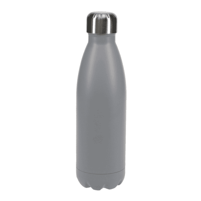 A drink bottle in sleek grey with a stainless steel cap and a smooth, curved design.