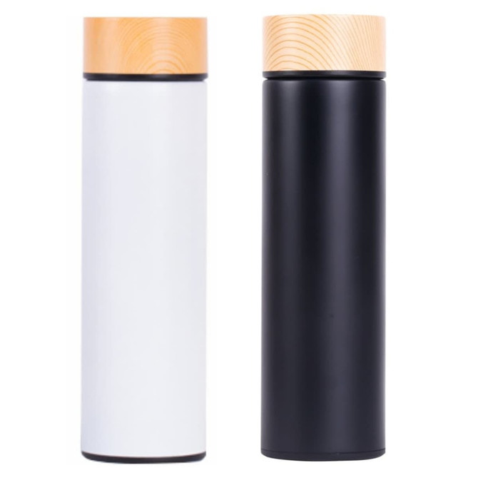 A drink bottle in white and black, both featuring wooden lids and a sleek design. Each bottle has a logo.