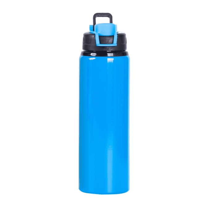 A drink bottle in bright blue with a black lid and a handle for easy carrying. It features a logo.