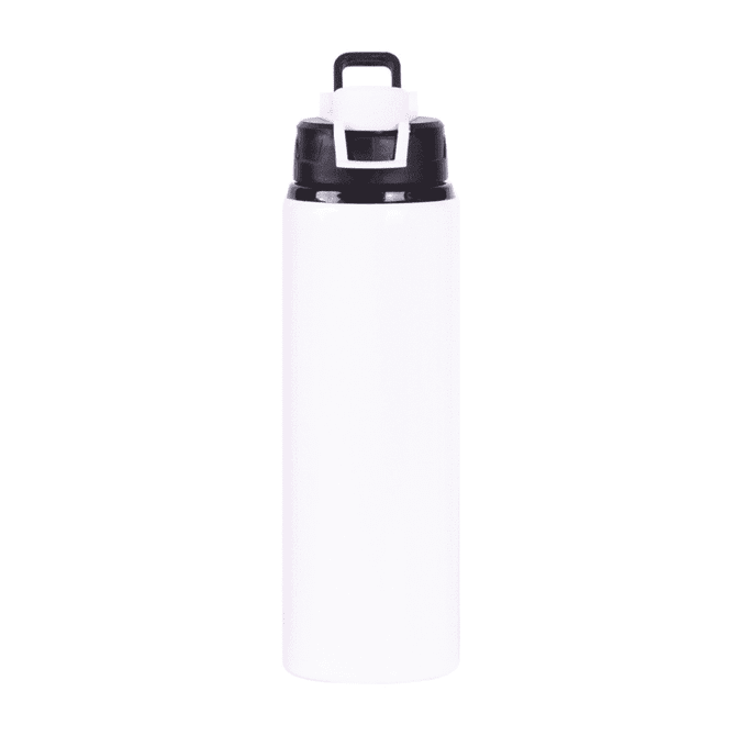 A drink bottle in white with a black lid and a built-in handle, featuring a logo on the side.