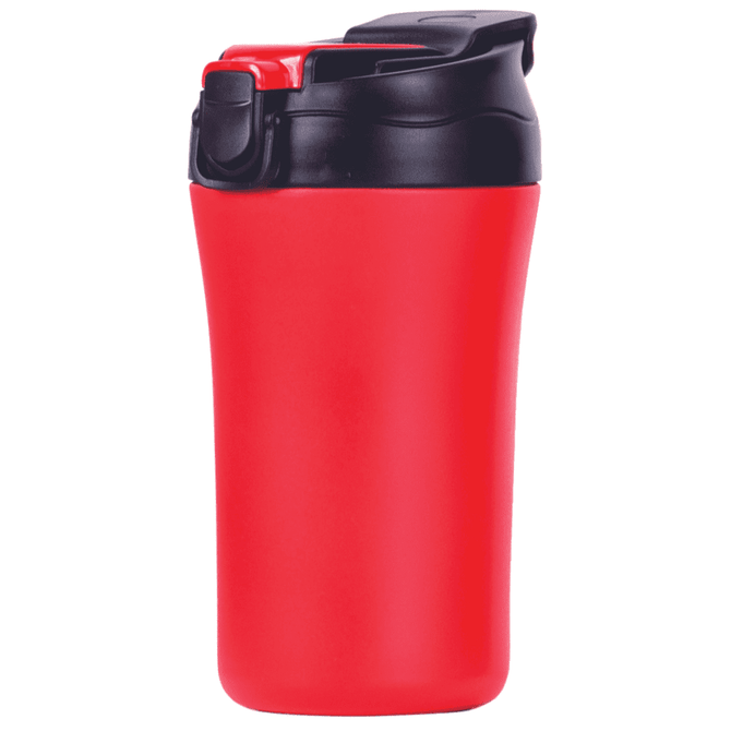 A travel mug in vibrant red with a black lid, featuring a logo on the front.