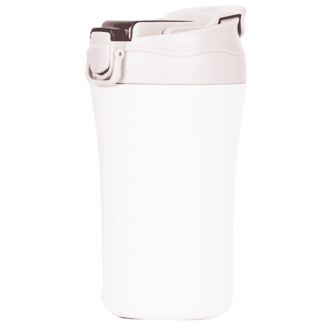 A drink bottle with a white body and a brown lid, featuring a secure flip-top design and a logo.