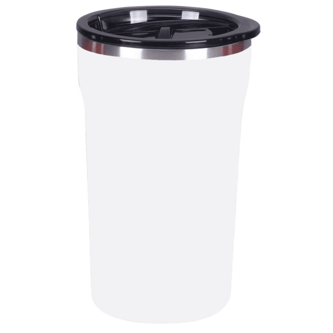 A white coffee mug with a black lid and stainless steel trim, featuring a logo.