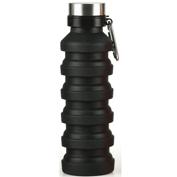 A drink bottle in black with a textured design and metallic cap, featuring a carabiner for attachment.