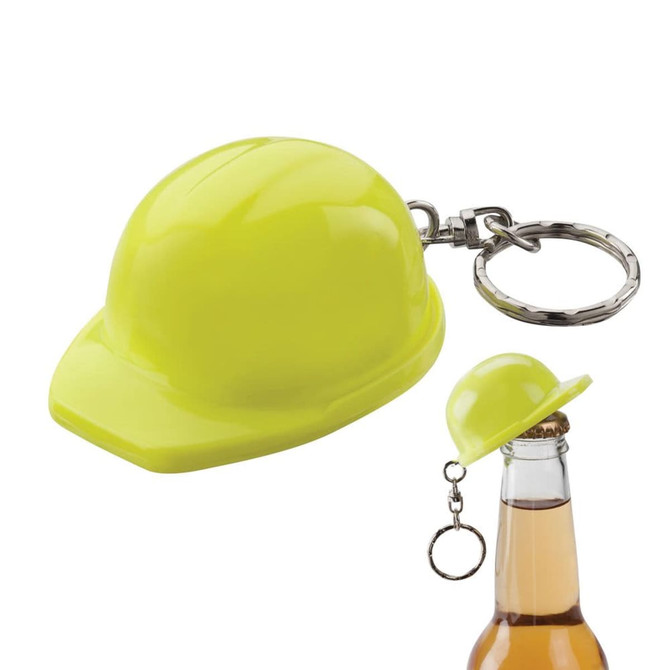 A yellow hard hat keyring featuring a shiny finish, attached to a keychain.
