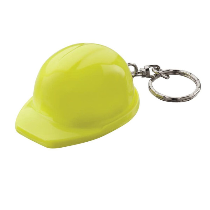 A yellow hard hat keyring with a silver keychain attachment. It has a shiny finish and a rounded design.
